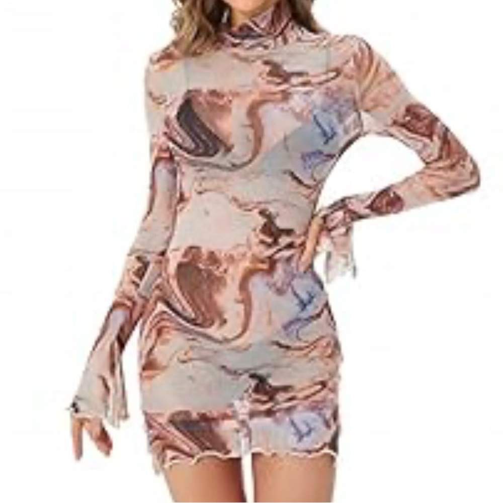 Jessica Bara Courtney Brown Long Sleeve Patterned Mini Dress, Size Small